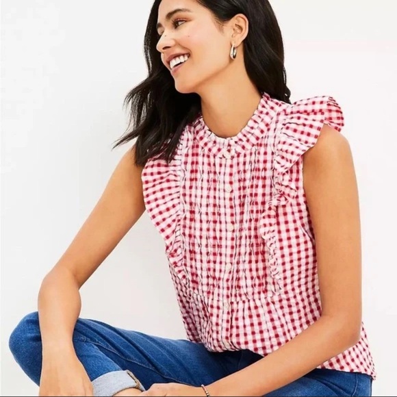 LOFT Gingham Ruffle Blouse in Red and White Size Medium - Picture 9 of 9